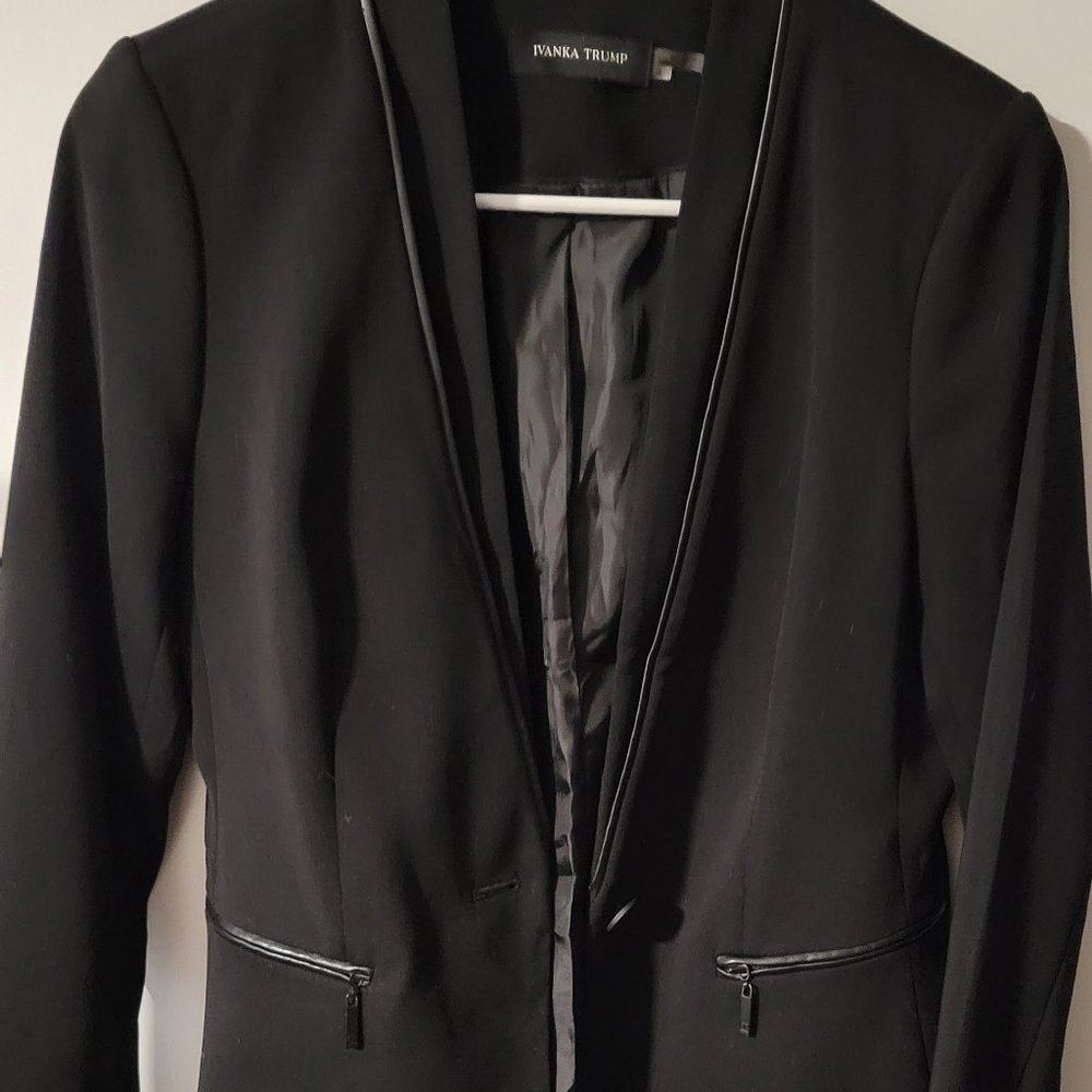 Collarless Suit Jacket with Faux Leather Accents